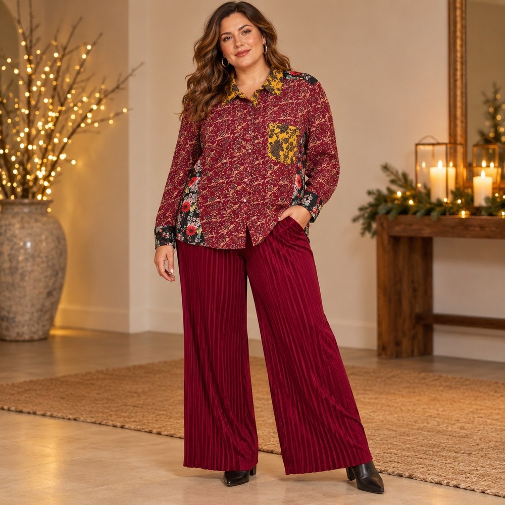 12. Cato Mixed Print Top & SHEIN Burgundy Pleated Pants Set XL Boho Holiday